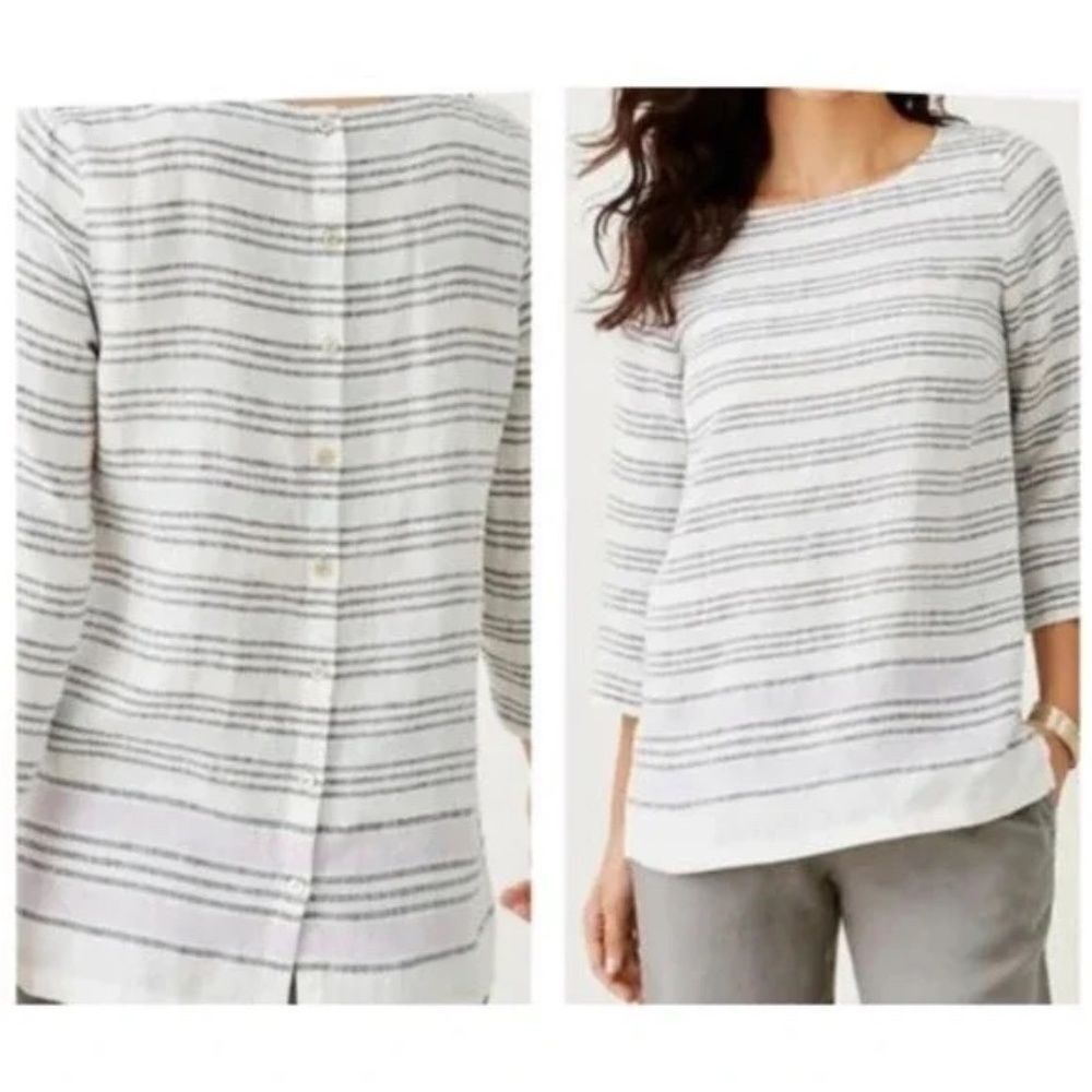 J. Jill Love Linen Striped Boxy Button Back Top Blouse White Lavender Gray LP